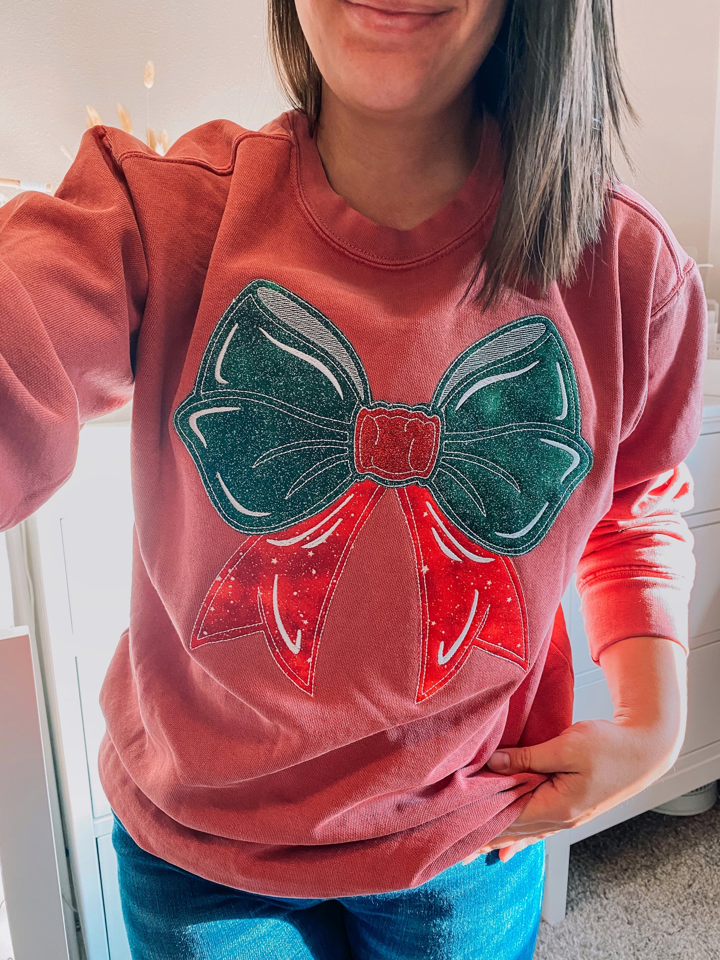 Christmas Glitter Bow Appliqué Sweatshirt | Embroidered