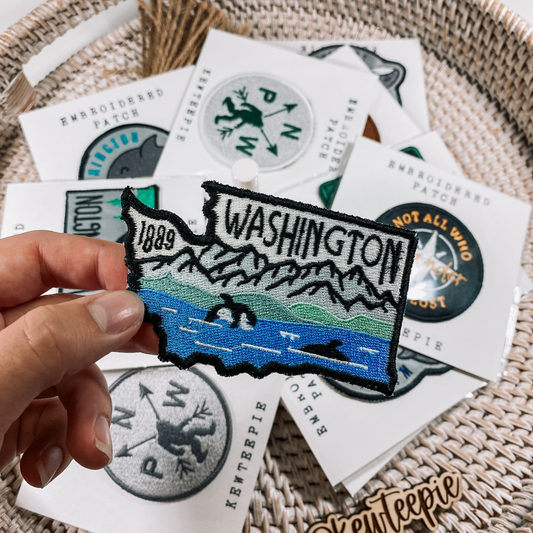 Washington Orca Whale Landscape Iron On Patch | Embroidered Patch