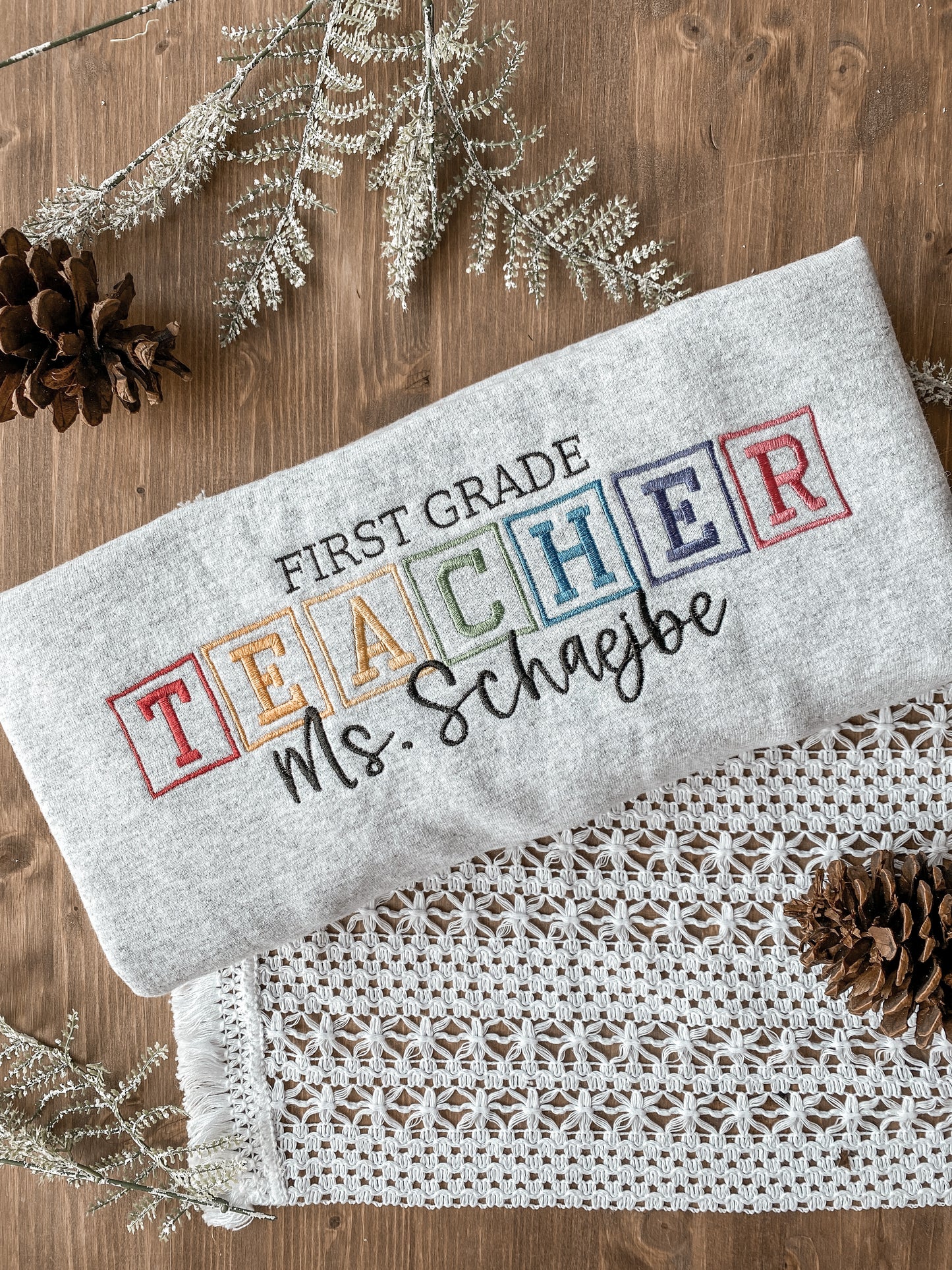 Teacher Rainbow Block Name Sweatshirt | Embroidered