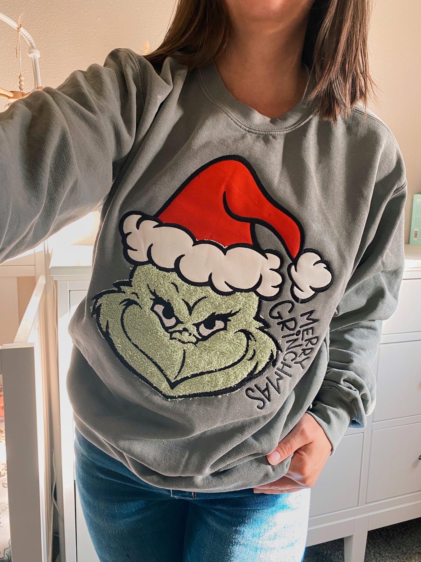 Christmas Grinch Appliqué Sweatshirt | Embroidered