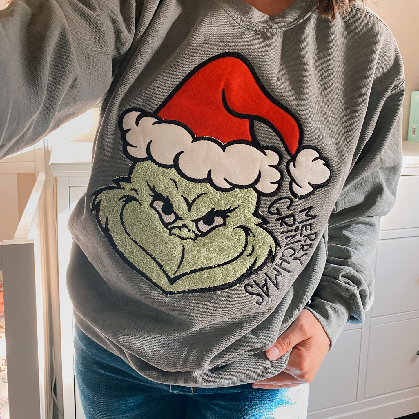 Christmas Grinch Appliqué Sweatshirt | Embroidered