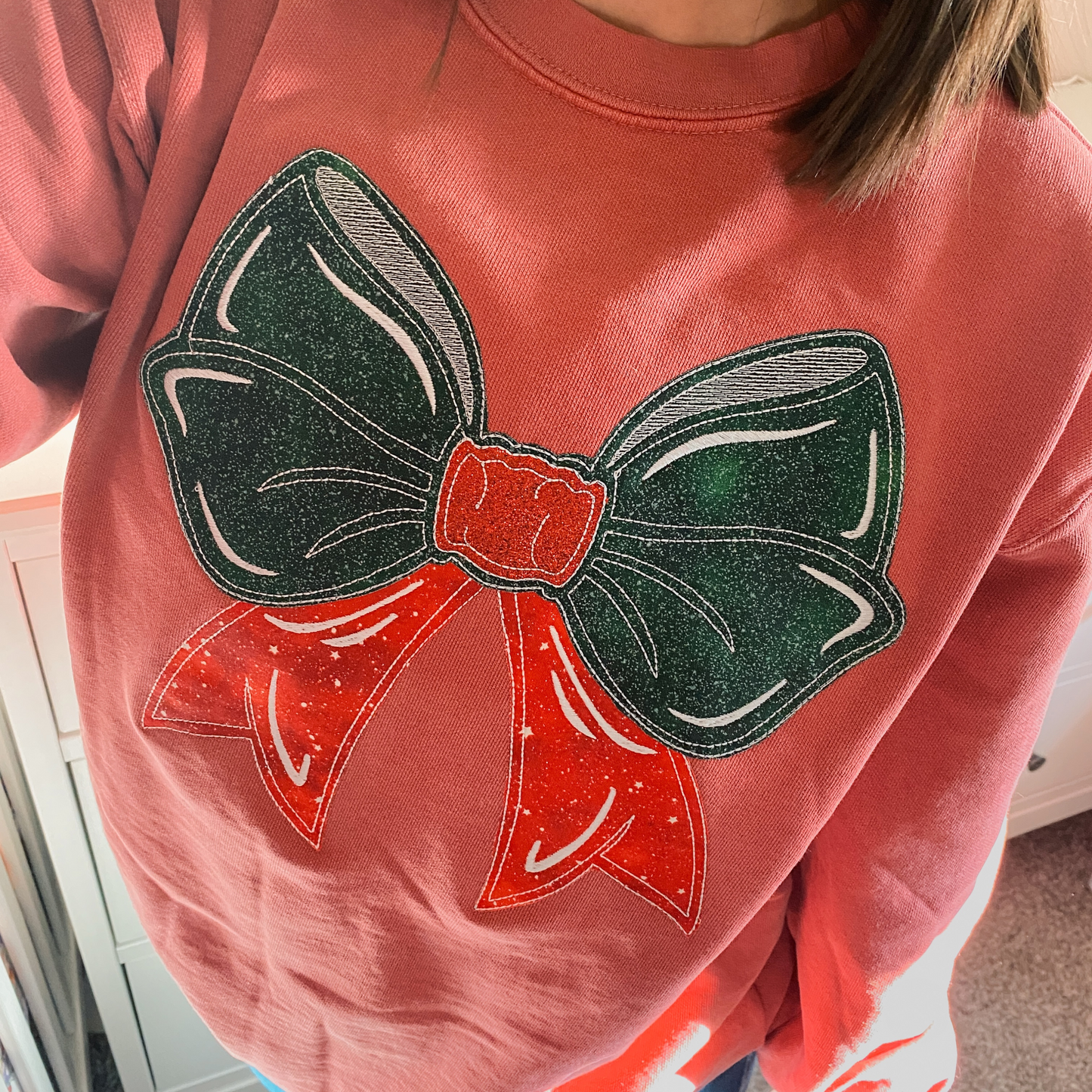 Christmas Glitter Bow Appliqué Sweatshirt | Embroidered