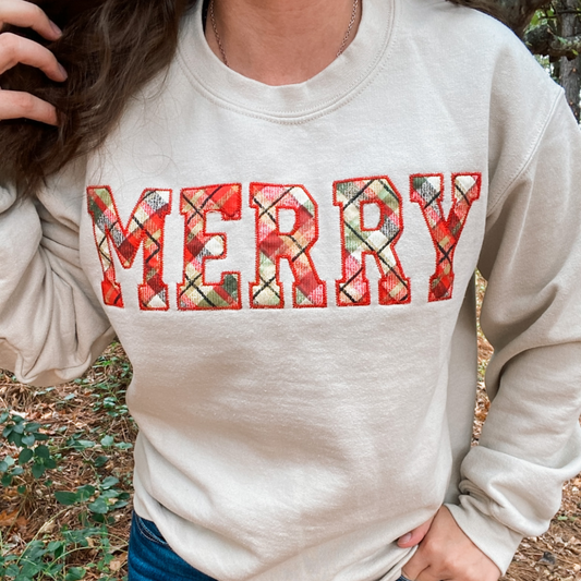 Merry Glitter Plaid Appliqué Sweatshirt | Embroidered