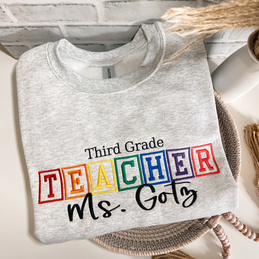 Teacher Rainbow Block Name Sweatshirt | Embroidered