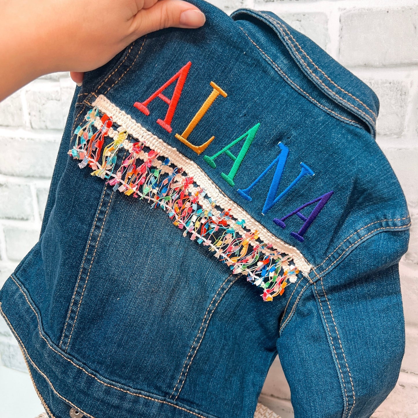 Tassel Personalized Infant Rainbow Name Jean Denim Jacket Embroidered