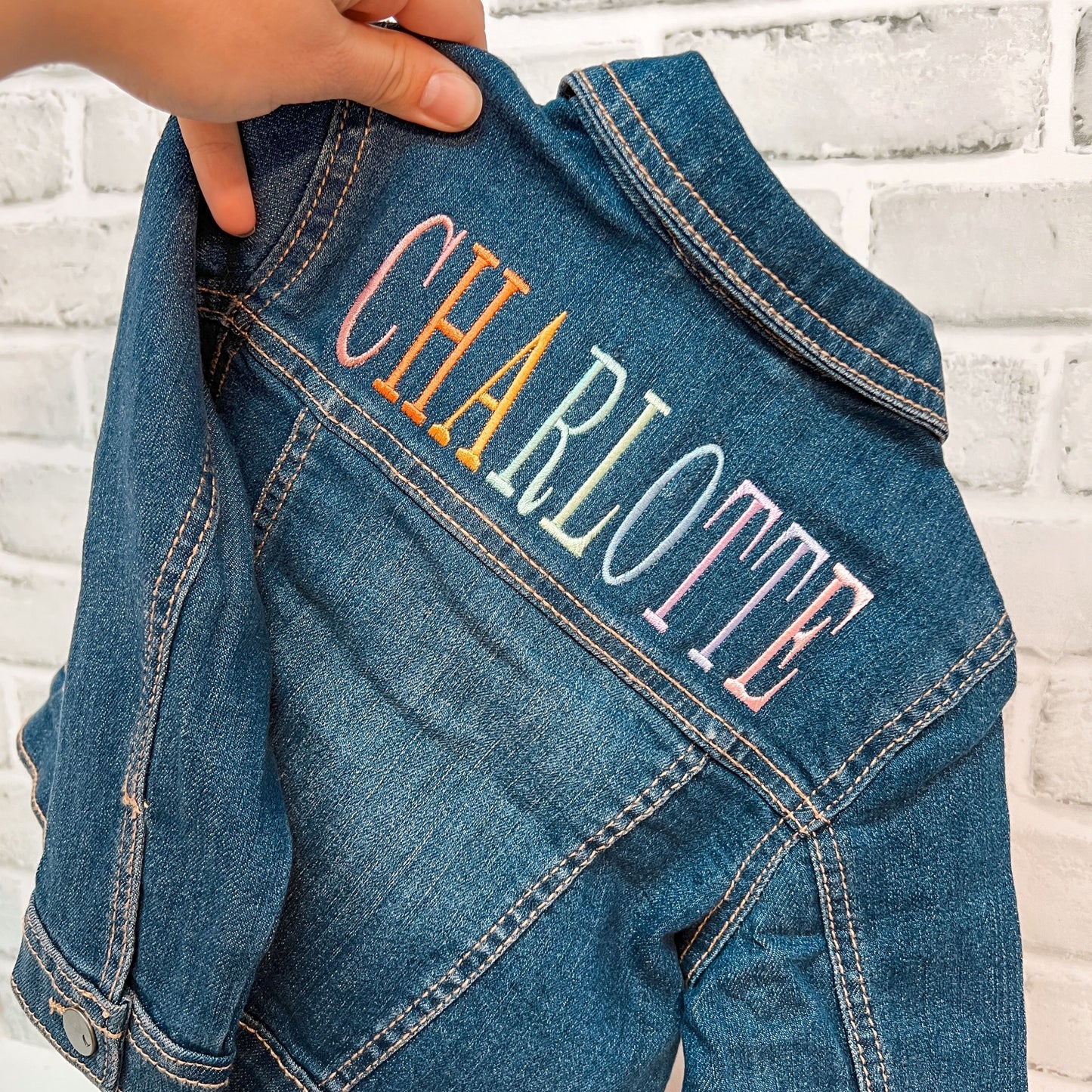 Personalized Infant Rainbow Name Jean Denim Jacket Embroidered