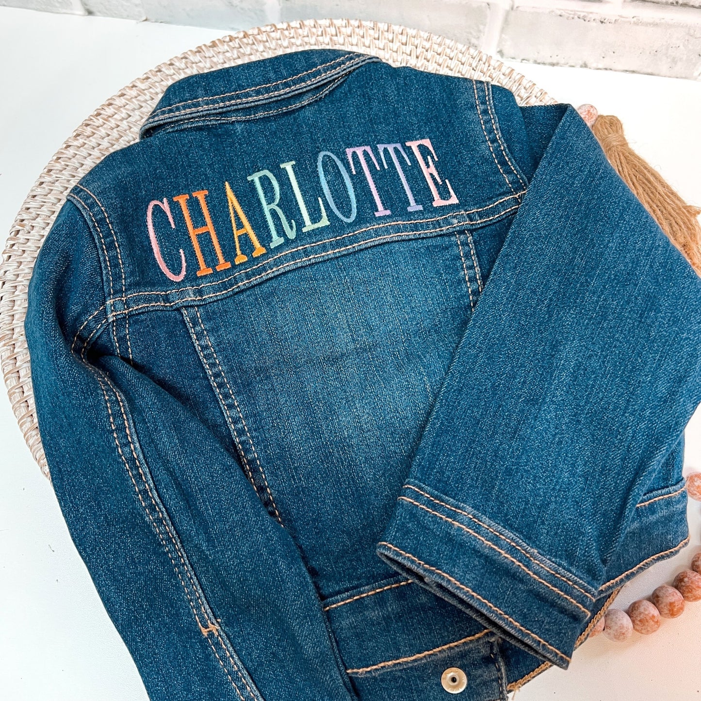 Personalized Infant Rainbow Name Jean Denim Jacket Embroidered