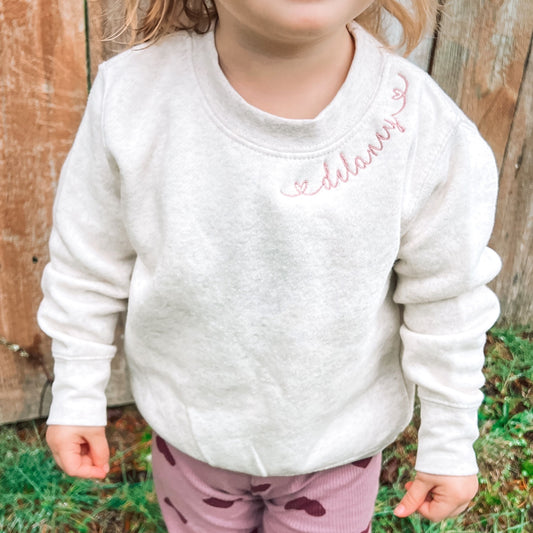 Heart Name Script Neckline Personalized Toddler Name Sweatshirt | Embroidered