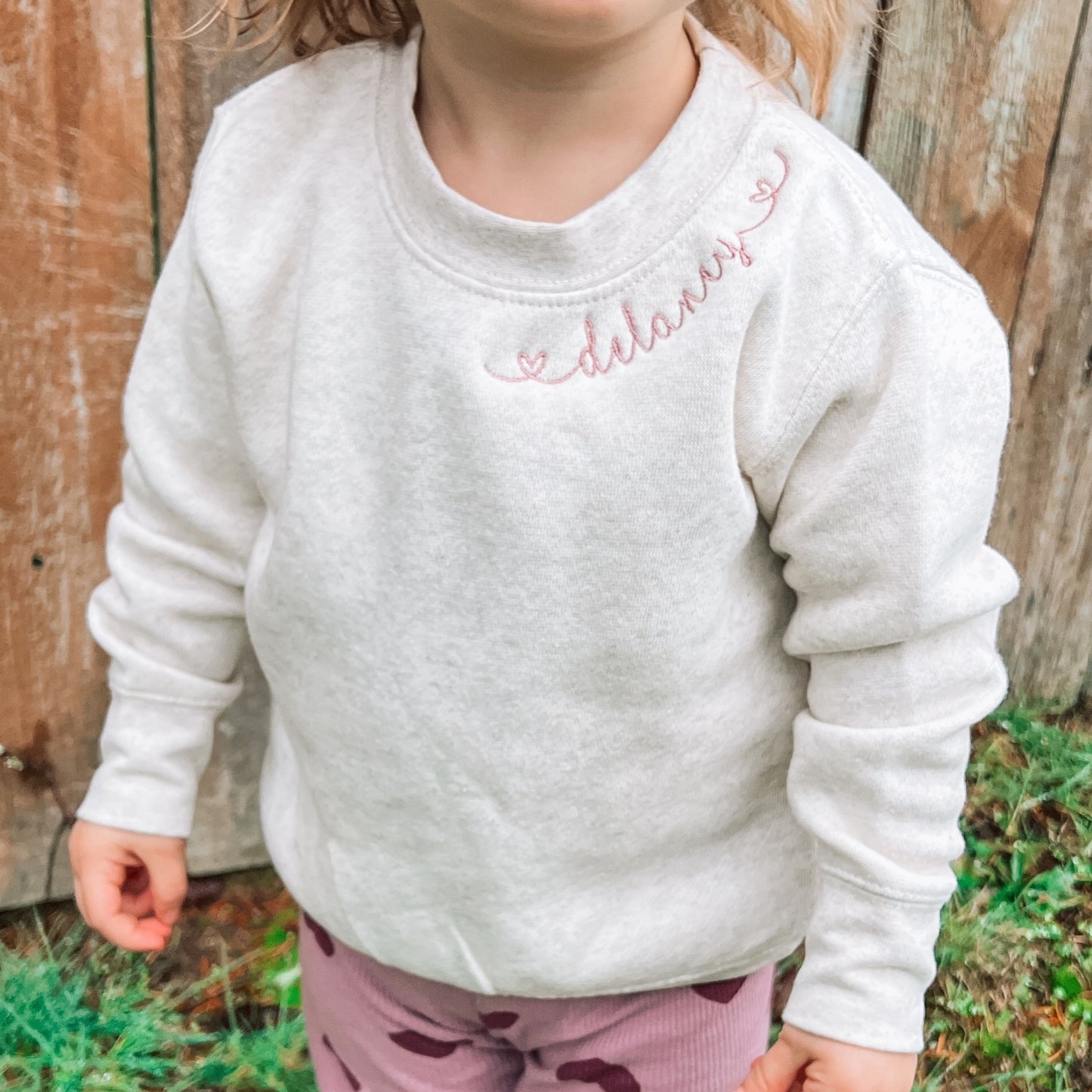 Heart Name Script Neckline Personalized Toddler Name Sweatshirt | Embroidered