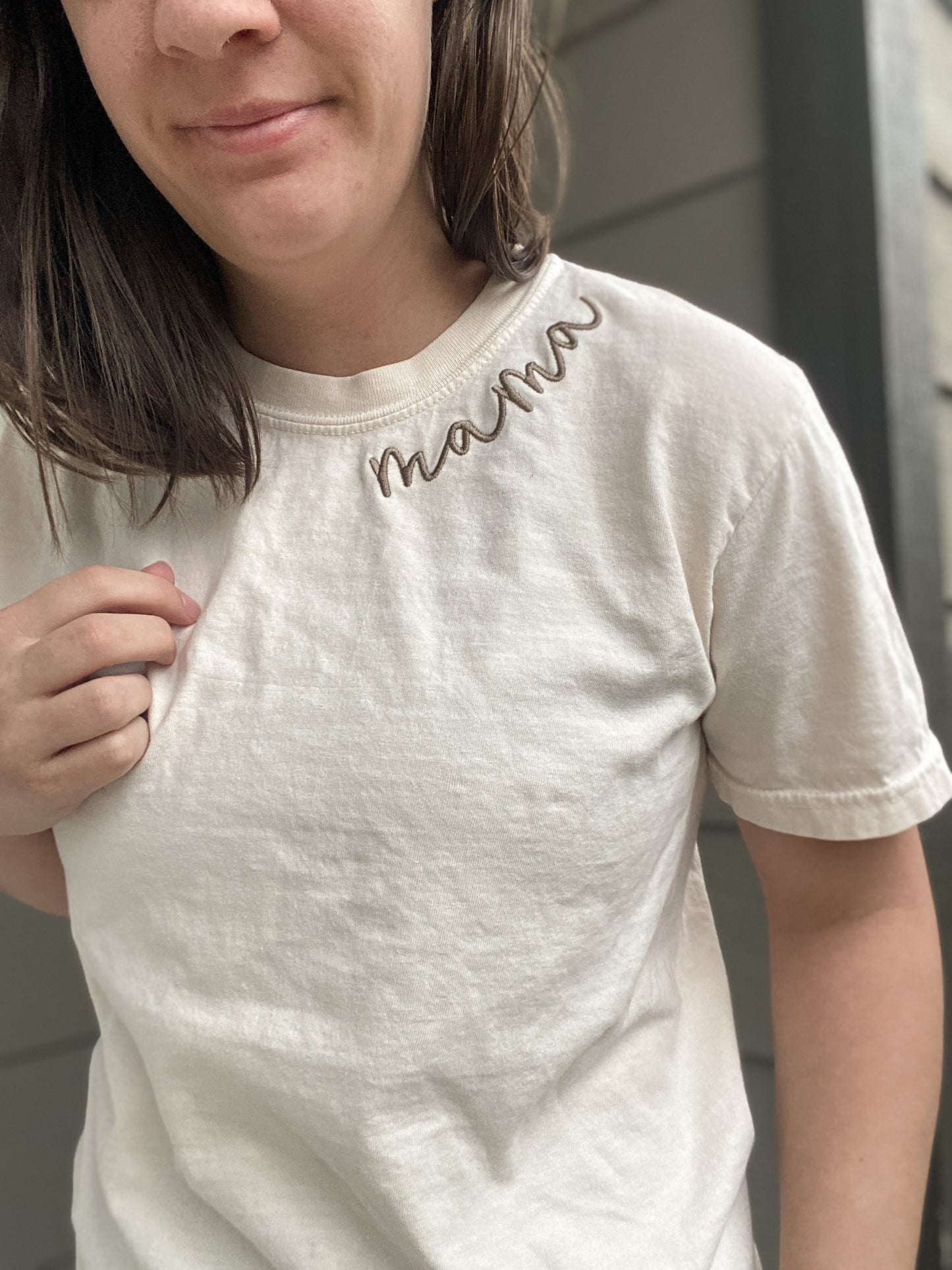Custom Neckline Curved Text Embroidered Tee